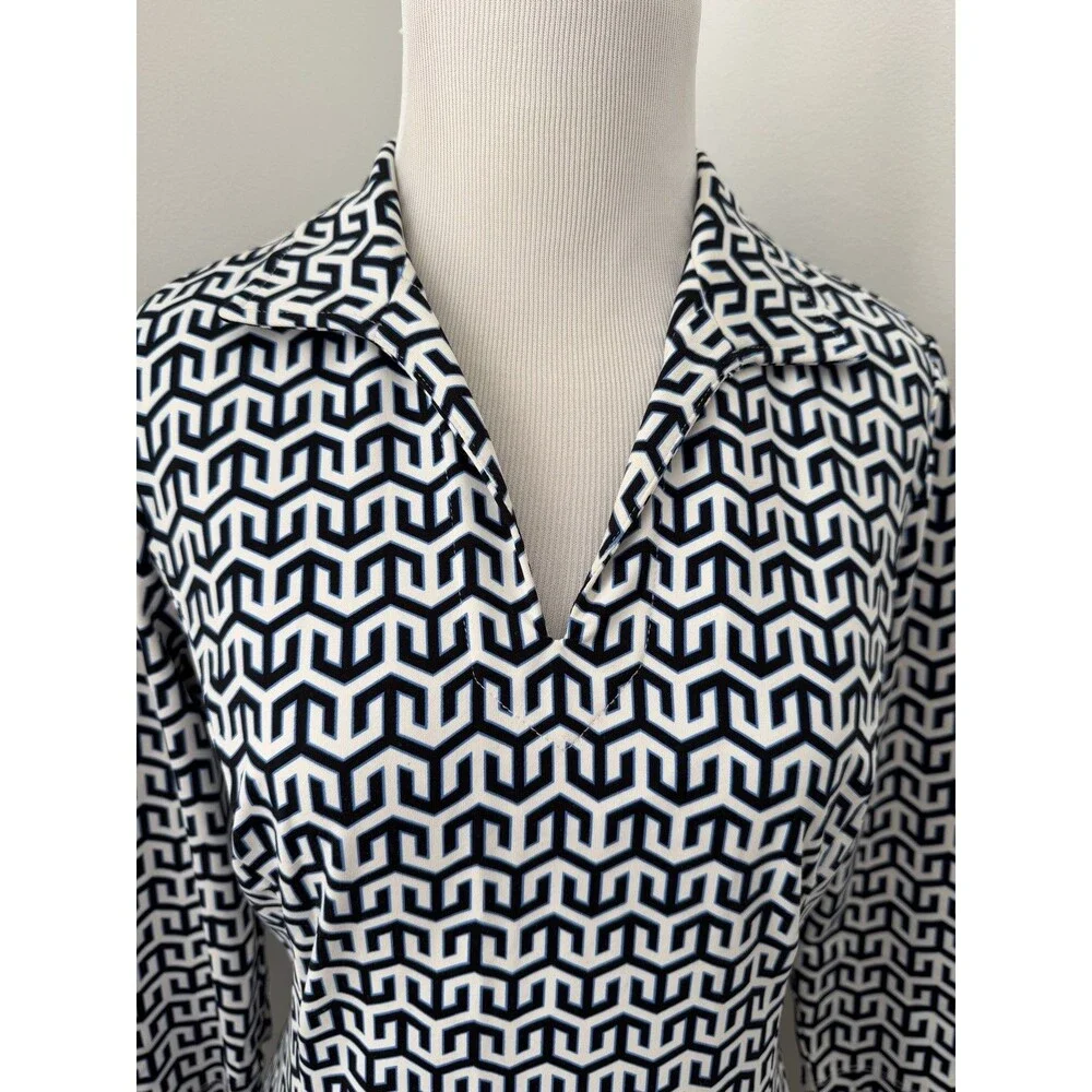 J. McLaughlin Dress‎ Catalina Cloth 3/4 Sleeve Blue/ White Geometric Dress XS - Picture 2 of 11